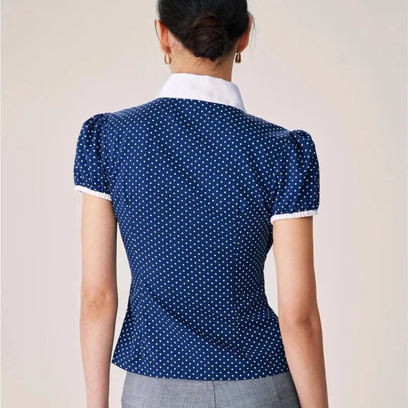 NWT RIHOAS Blue Polka Dot Puffed Sleeve Blouse - Picture 2 of 4